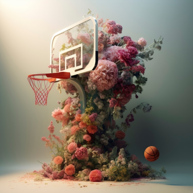 3d rendering of basketball basket decorated with flowers