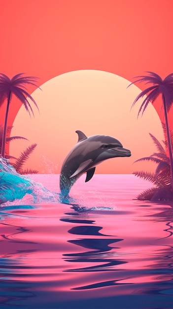 Beautiful dolphin swimming at sunset