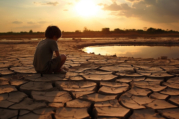 Child staying in landscape of extreme drought