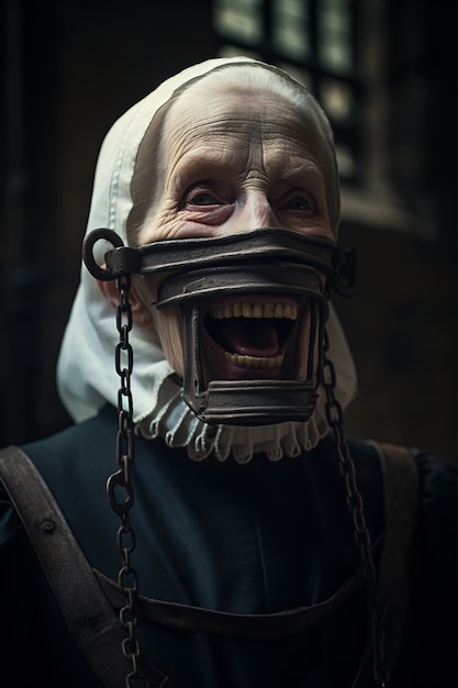Close up portrait of scary nun with facial trap