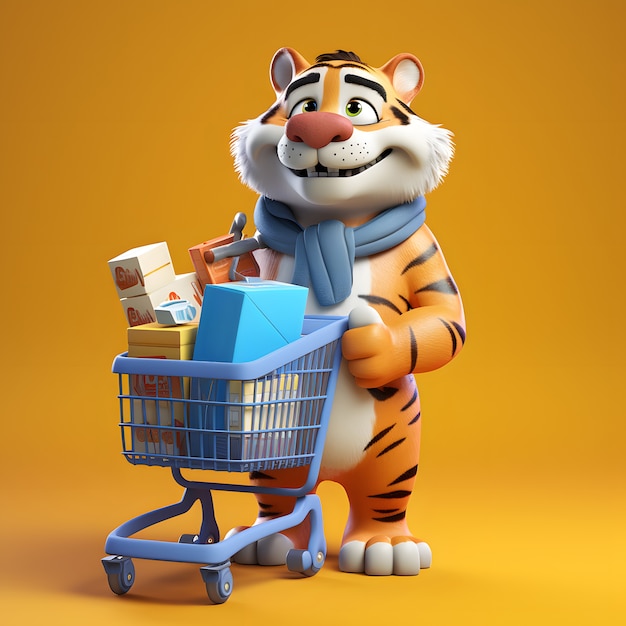 Cute tiger with shopping cart