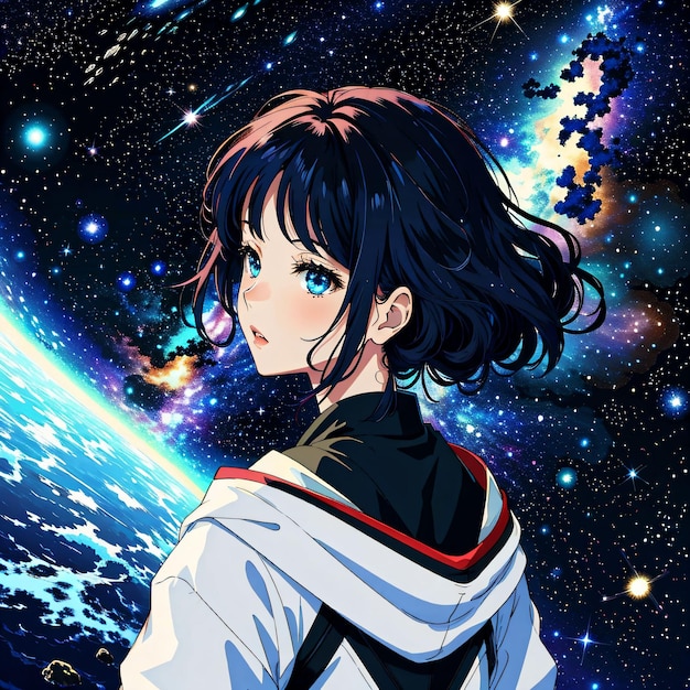 Photo a girl in a space suit with a planet in the background