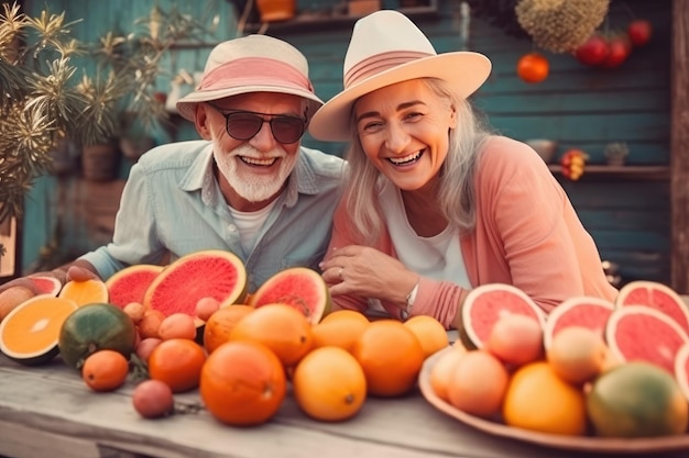 Photo proper nutrition giving up bad habits health a strong body older age to be happy and cheerful and cheerful senior couple old seniority healthy eating fruits and vegetables