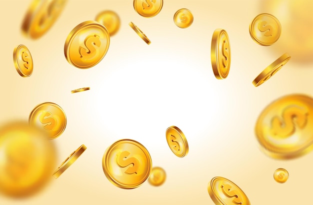 Free vector realistic golden coins composition with bright gradient light source surrounded by flying money with dollar signs vector illustration