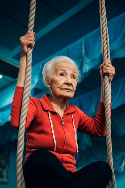 Senior woman training in gymnastics with ropes