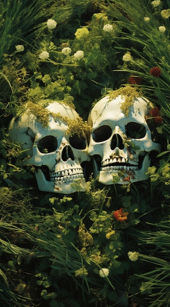 Skeleton couple posing with flowers