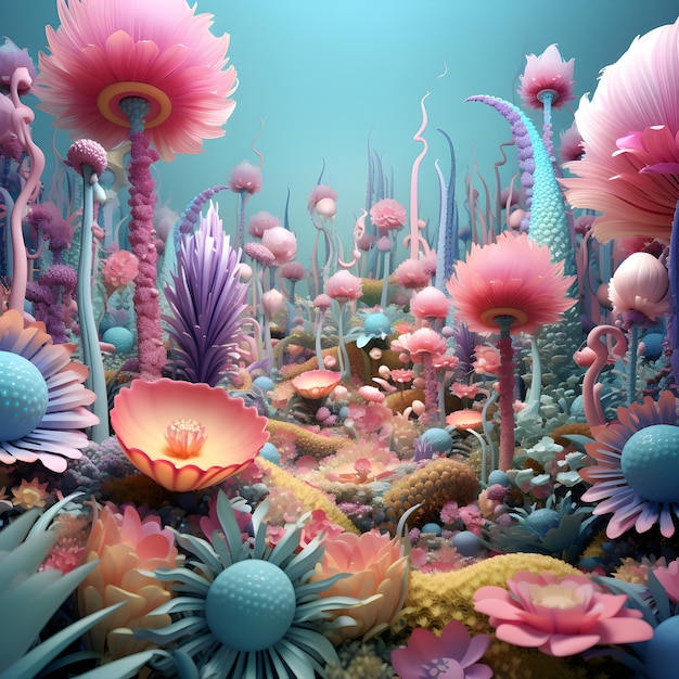 View of abstract 3d mystical landscape with flowers
