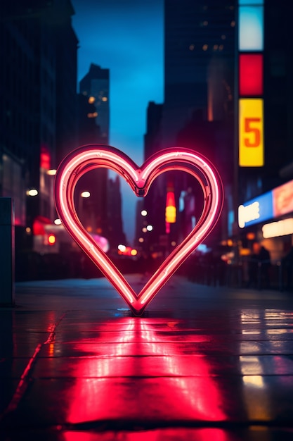 View of heart shaped neon light in the city