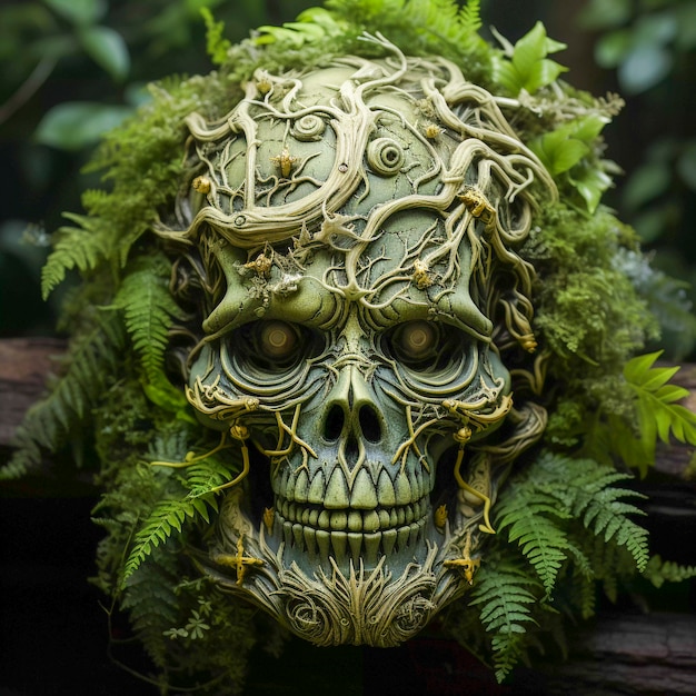 View of human skeleton skull with fern leaves