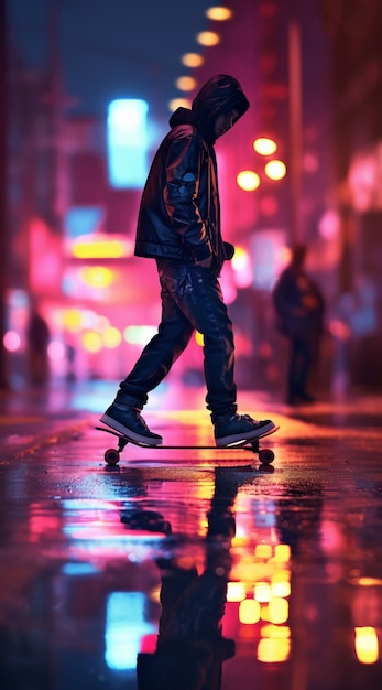 View of skateboarder at night in the city