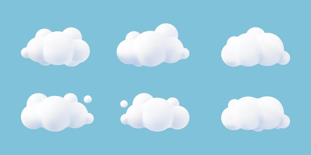 Vector white 3d realistic clouds set isolated on a blue background. render soft round cartoon fluffy clouds icon in the blue sky. 3d geometric shapes vector illustration