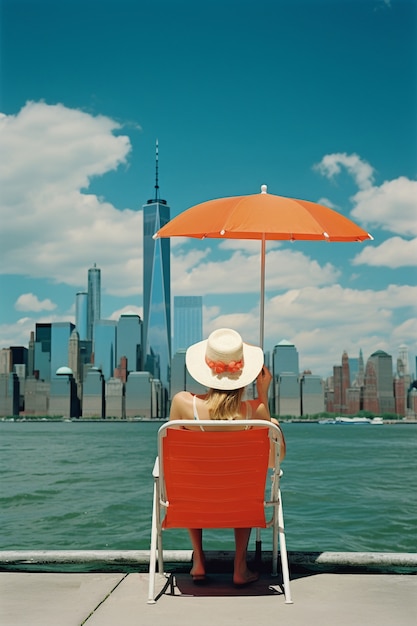 Woman looking over new york skyline during the day